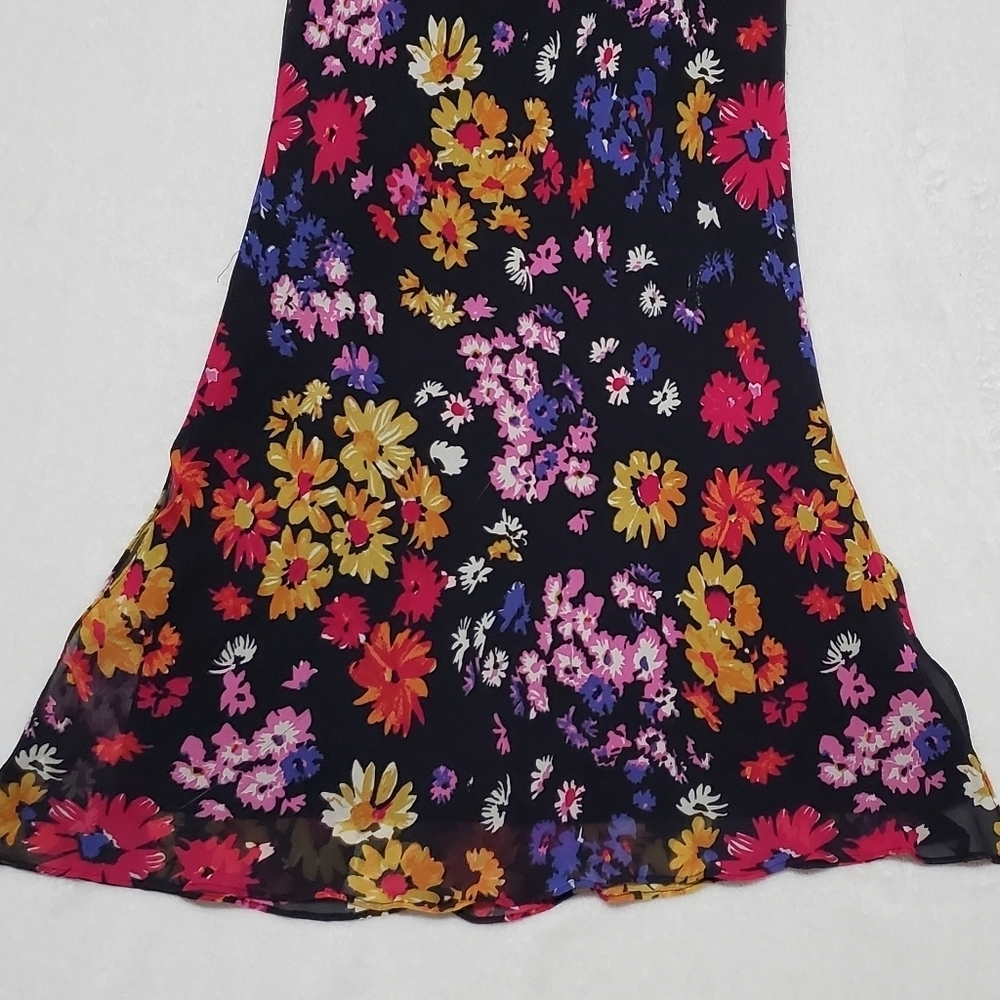 90s-Y2K Vintage Retro Express Silk Chiffon Black Multi-color Floral Midi Skirt S - Picture 10 of 13